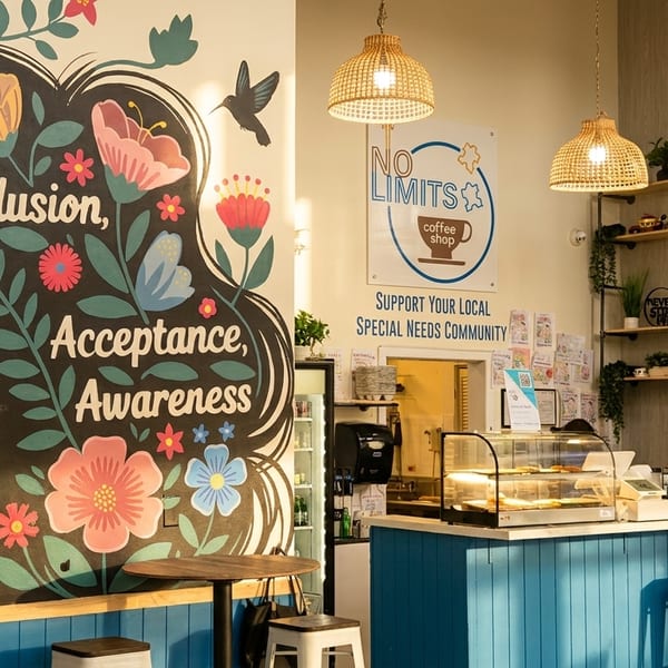 A coffee shop interior with a mural of a woman's silhouette, flowers, and text "Inclusion, Acceptance, Awareness".