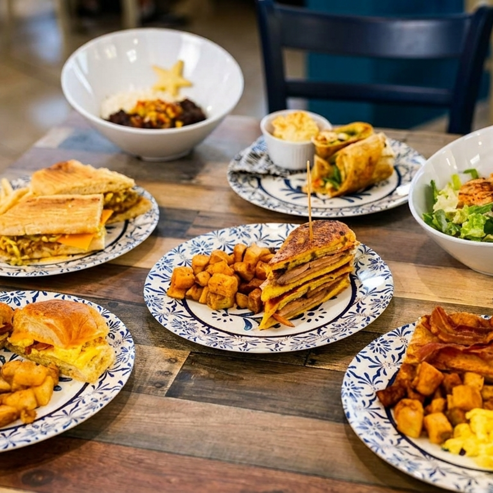 A wooden table laden with various breakfast and lunch dishes on blue and white plates.